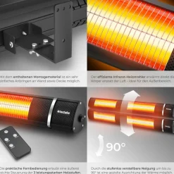 TecTake ® Infrarotheizstrahler , 3 Leistungsstufen, 1000, 2000 und 3000 W, Aluminiumgehäuse, neigbar, einfache Montage, 95 x 11 x 10,5 cm