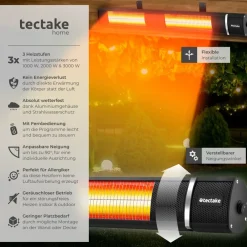 TecTake ® Infrarotheizstrahler , 3 Leistungsstufen, 1000, 2000 und 3000 W, Aluminiumgehäuse, neigbar, einfache Montage, 95 x 11 x 10,5 cm
