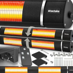 TecTake ® Infrarotheizstrahler , 3 Leistungsstufen, 1000, 2000 und 3000 W, Aluminiumgehäuse, neigbar, einfache Montage, 95 x 11 x 10,5 cm