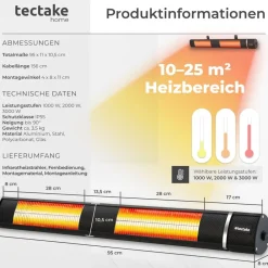 TecTake ® Infrarotheizstrahler , 3 Leistungsstufen, 1000, 2000 und 3000 W, Aluminiumgehäuse, neigbar, einfache Montage, 95 x 11 x 10,5 cm