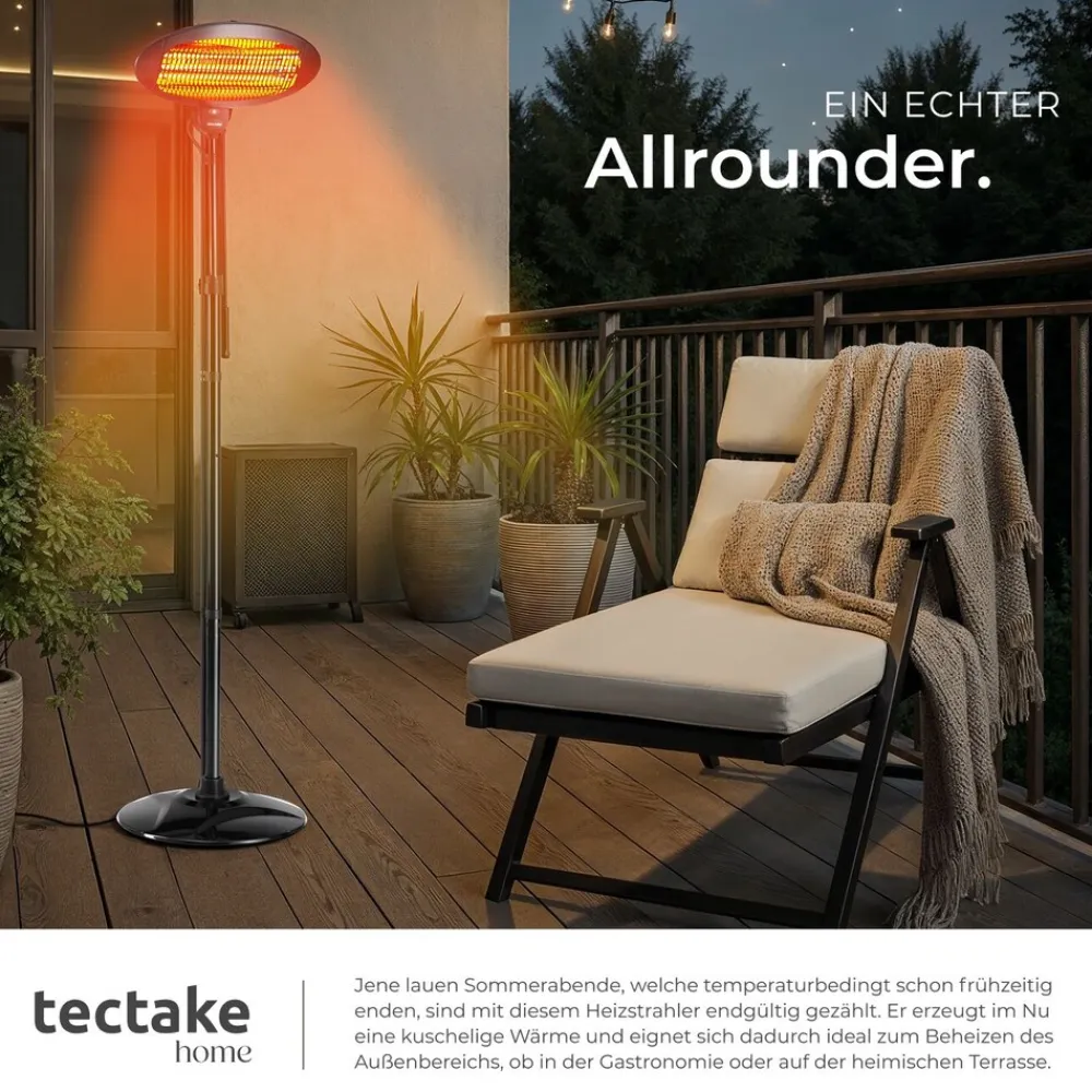 ® Infrarotheizstrahler, 3 Leistungsstufen, 650, 1300 und 2000 W, höhenverstellbar und neigbar, Wandmontage möglich, 50 x 50 x 136 - 213 cm ^ TecTake Discount