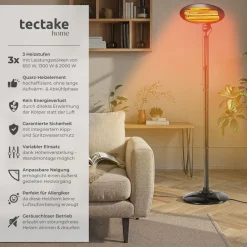 ® Infrarotheizstrahler, 3 Leistungsstufen, 650, 1300 und 2000 W, höhenverstellbar und neigbar, Wandmontage möglich, 50 x 50 x 136 - 213 cm ^ TecTake Discount