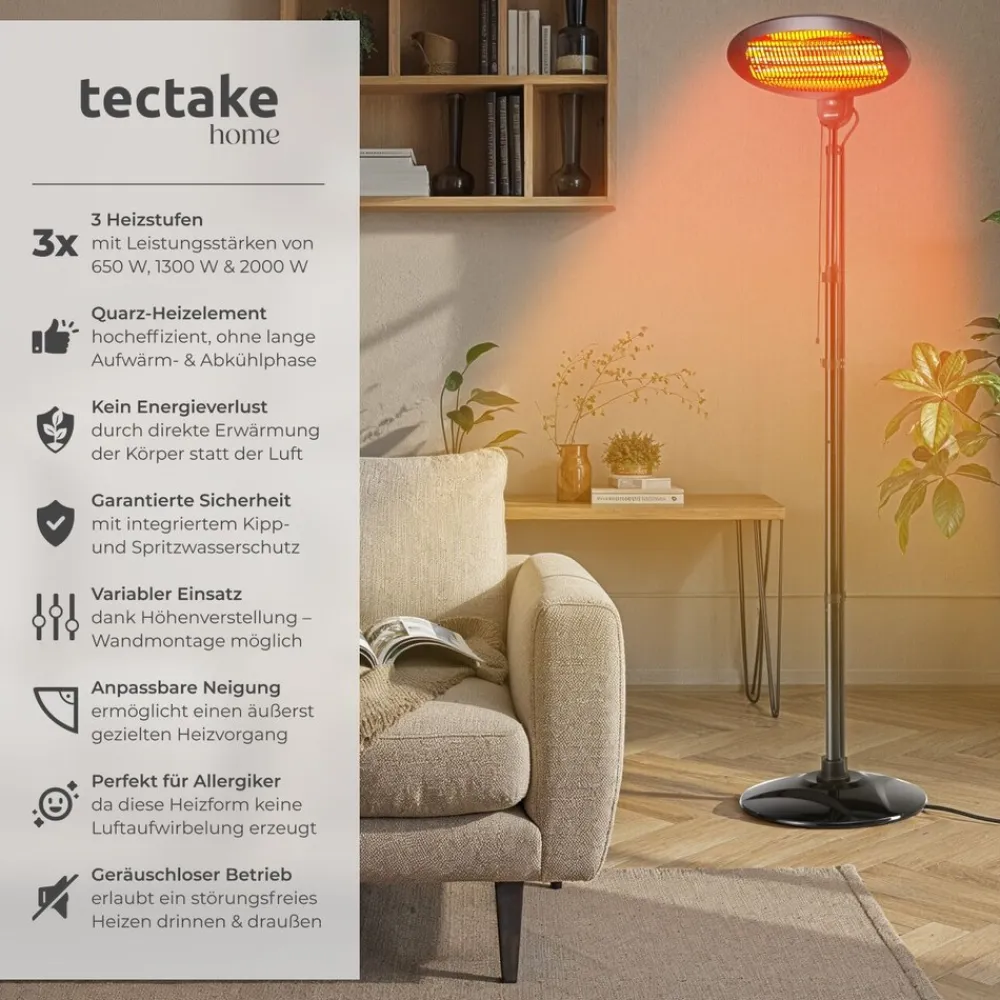® Infrarotheizstrahler, 3 Leistungsstufen, 650, 1300 und 2000 W, höhenverstellbar und neigbar, Wandmontage möglich, 50 x 50 x 136 - 213 cm ^ TecTake Discount