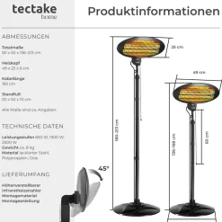 ® Infrarotheizstrahler, 3 Leistungsstufen, 650, 1300 und 2000 W, höhenverstellbar und neigbar, Wandmontage möglich, 50 x 50 x 136 - 213 cm ^ TecTake Discount