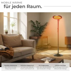 ® Infrarotheizstrahler, 3 Leistungsstufen, 650, 1300 und 2000 W, höhenverstellbar und neigbar, Wandmontage möglich, 50 x 50 x 136 - 213 cm ^ TecTake Discount