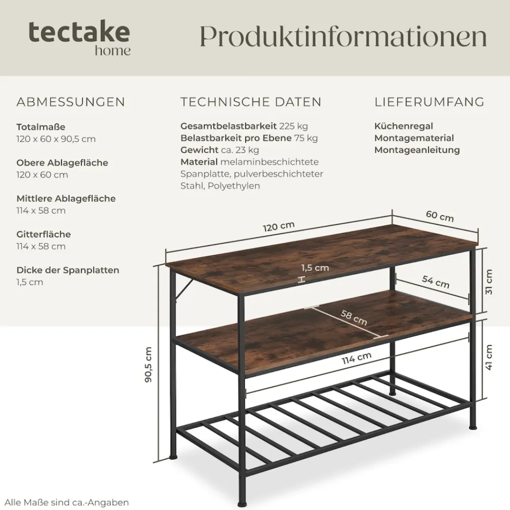 TecTake ® Küchenregal, Industrial Style, 2 Ablagen und Gitterablage, 120 x 60 x 90,5 cm Industrial Holz dunkel, rustikal Discount