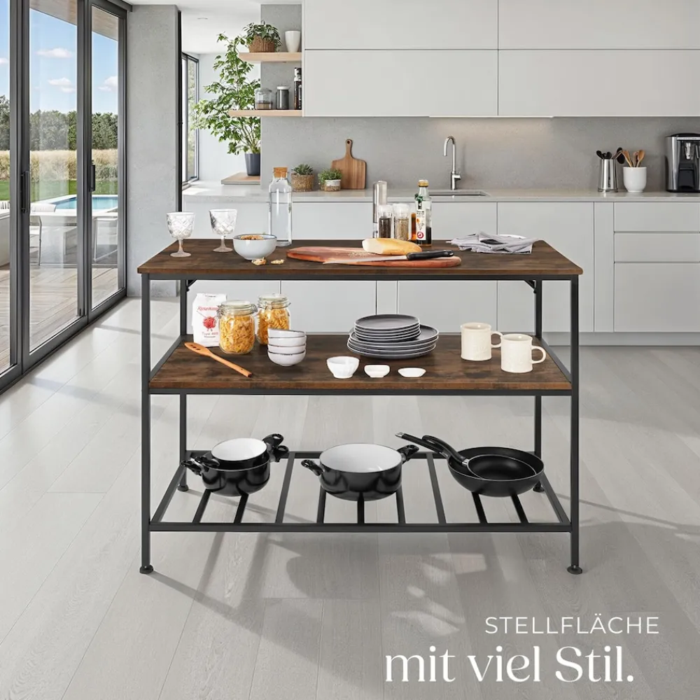 TecTake ® Küchenregal, Industrial Style, 2 Ablagen und Gitterablage, 120 x 60 x 90,5 cm Industrial Holz dunkel, rustikal Discount