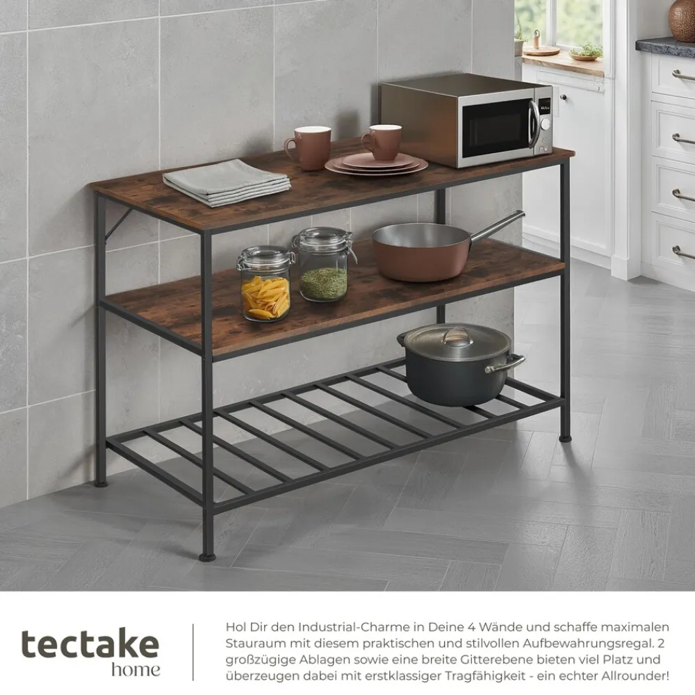 TecTake ® Küchenregal, Industrial Style, 2 Ablagen und Gitterablage, 120 x 60 x 90,5 cm Industrial Holz dunkel, rustikal Discount