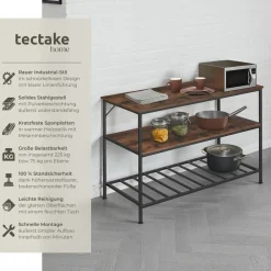 TecTake ® Küchenregal, Industrial Style, 2 Ablagen und Gitterablage, 120 x 60 x 90,5 cm Industrial Holz dunkel, rustikal Discount