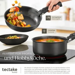 TecTake ® Küchenstarterset, Geschirrset aus Steingut, mit Glasur, hitzebeständig und kratzfest, inklusive Topfschonern und anklemmbaren Griffen