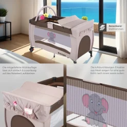 ® Kinder Reisebett, klappbar und höhenverstellbar, 2 Rollen mit Bremsen, inklusive Tragetasche, 132 x 75 x 104 cm ^ TecTake