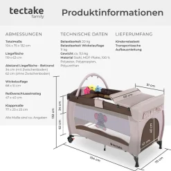 ® Kinder Reisebett, klappbar und höhenverstellbar, 2 Rollen mit Bremsen, inklusive Tragetasche, 132 x 75 x 104 cm ^ TecTake