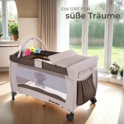 ® Kinder Reisebett, klappbar und höhenverstellbar, 2 Rollen mit Bremsen, inklusive Tragetasche, 132 x 75 x 104 cm ^ TecTake