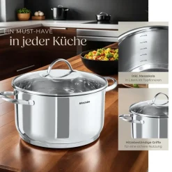 ® Kochtopfset, 7-teilig, aus Edelstahl, für Induktion geeignet, Glasdeckel mit Dampfabzug, integrierte Messskala in den Töpfen ^ TecTake Outlet