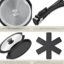 ® Kochtopfset, 17-teilig, für Induktion geeignet, inklusive 2 Glasdeckeln mit Dampfabzug und 2 Silikonabdeckungen, Ofenfest bis 175°C, mit 5 Topfschonern ^ TecTake Clearance