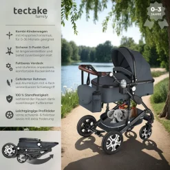 TecTake ® Kombi-Kinderwagen, 2 in 1, klappbar, mit 5-Punkt-Gurt, Bremse, Schutzbügel und Handschlaufe, pulverbeschichteter Aluminiumrahmen, pflegeleichter Stoffbezug, für 0 bis 36 Monate geeignet, Belastbarkeit 15 kg anthrazit Discount
