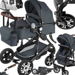 TecTake ® Kombi-Kinderwagen, 2 in 1, klappbar, mit 5-Punkt-Gurt, Bremse, Schutzbügel und Handschlaufe, pulverbeschichteter Aluminiumrahmen, pflegeleichter Stoffbezug, für 0 bis 36 Monate geeignet, Belastbarkeit 15 kg anthrazit Discount