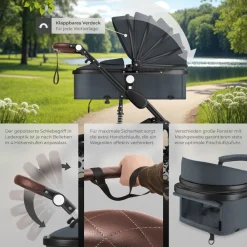 TecTake ® Kombi-Kinderwagen, 2 in 1, klappbar, mit 5-Punkt-Gurt, Bremse, Schutzbügel und Handschlaufe, pulverbeschichteter Aluminiumrahmen, pflegeleichter Stoffbezug, für 0 bis 36 Monate geeignet, Belastbarkeit 15 kg anthrazit Discount