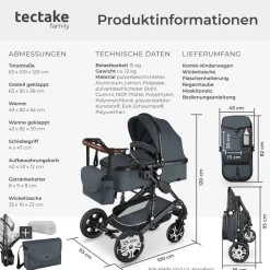 TecTake ® Kombi-Kinderwagen, 2 in 1, klappbar, mit 5-Punkt-Gurt, Bremse, Schutzbügel und Handschlaufe, pulverbeschichteter Aluminiumrahmen, pflegeleichter Stoffbezug, für 0 bis 36 Monate geeignet, Belastbarkeit 15 kg anthrazit Discount