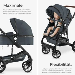 TecTake ® Kombi-Kinderwagen, 2 in 1, klappbar, mit 5-Punkt-Gurt, Bremse, Schutzbügel und Handschlaufe, pulverbeschichteter Aluminiumrahmen, pflegeleichter Stoffbezug, für 0 bis 36 Monate geeignet, Belastbarkeit 15 kg anthrazit Discount