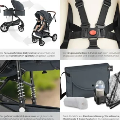 TecTake ® Kombi-Kinderwagen, 2 in 1, klappbar, mit 5-Punkt-Gurt, Bremse, Schutzbügel und Handschlaufe, pulverbeschichteter Aluminiumrahmen, pflegeleichter Stoffbezug, für 0 bis 36 Monate geeignet, Belastbarkeit 15 kg anthrazit Discount