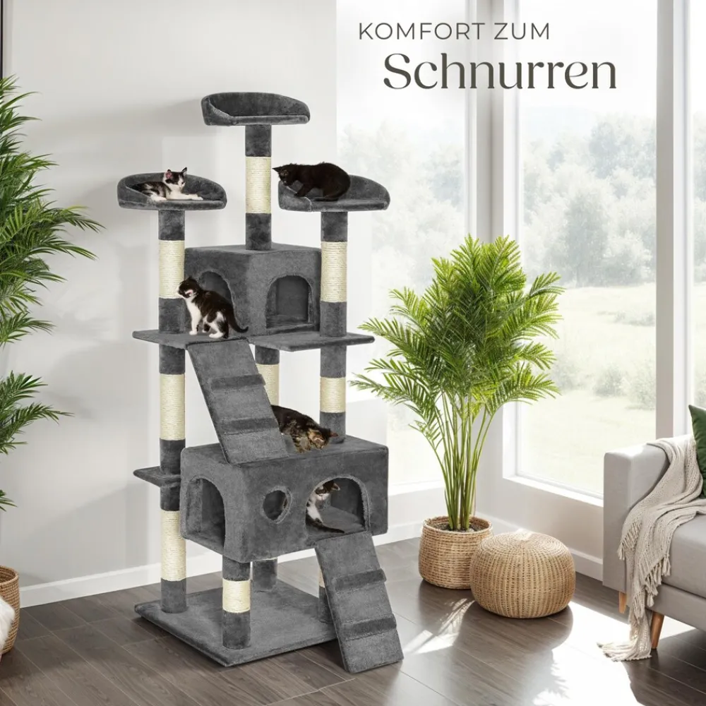 TecTake ® Kratzbaum, 170 cm, mit 2 Katzenhäusern, inklusive 2 Treppen und Kippschutz grau Clearance
