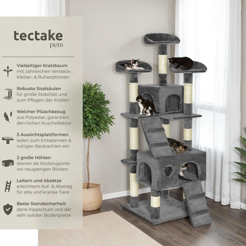 TecTake ® Kratzbaum, 170 cm, mit 2 Katzenhäusern, inklusive 2 Treppen und Kippschutz grau Clearance