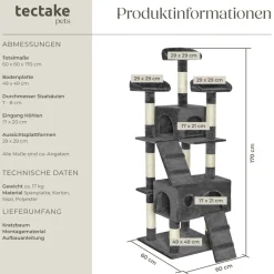 TecTake ® Kratzbaum, 170 cm, mit 2 Katzenhäusern, inklusive 2 Treppen und Kippschutz grau Clearance
