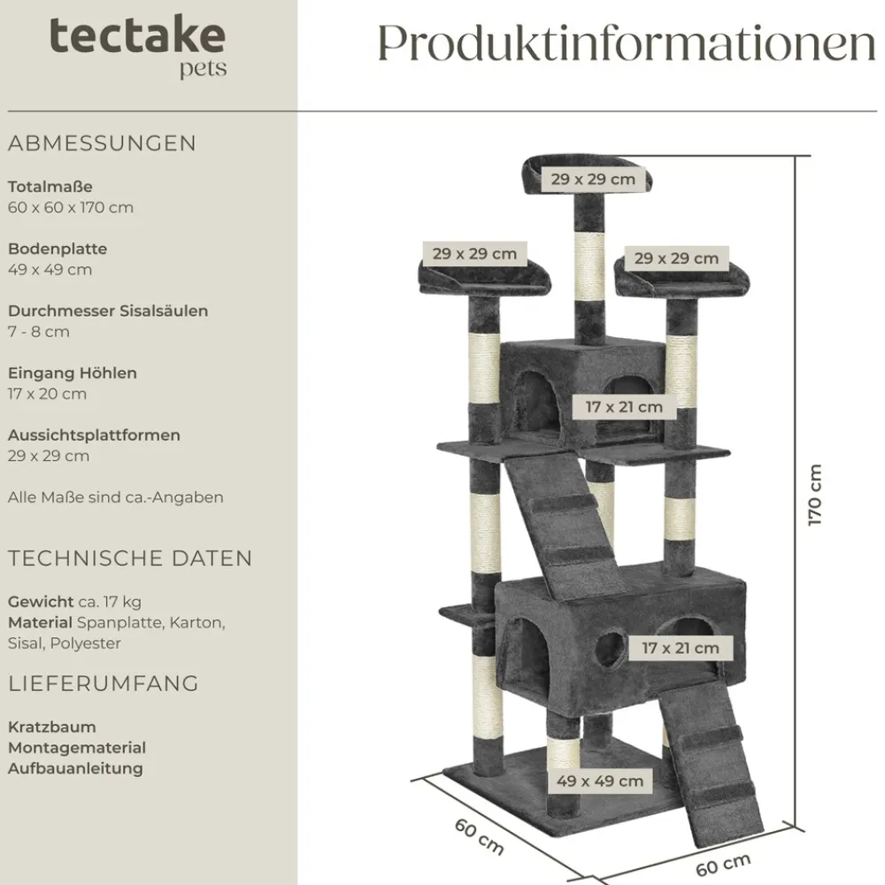 TecTake ® Kratzbaum, 170 cm, mit 2 Katzenhäusern, inklusive 2 Treppen und Kippschutz grau Clearance