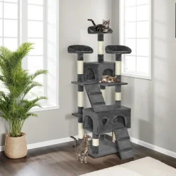 TecTake ® Kratzbaum, 170 cm, mit 2 Katzenhäusern, inklusive 2 Treppen und Kippschutz grau Clearance