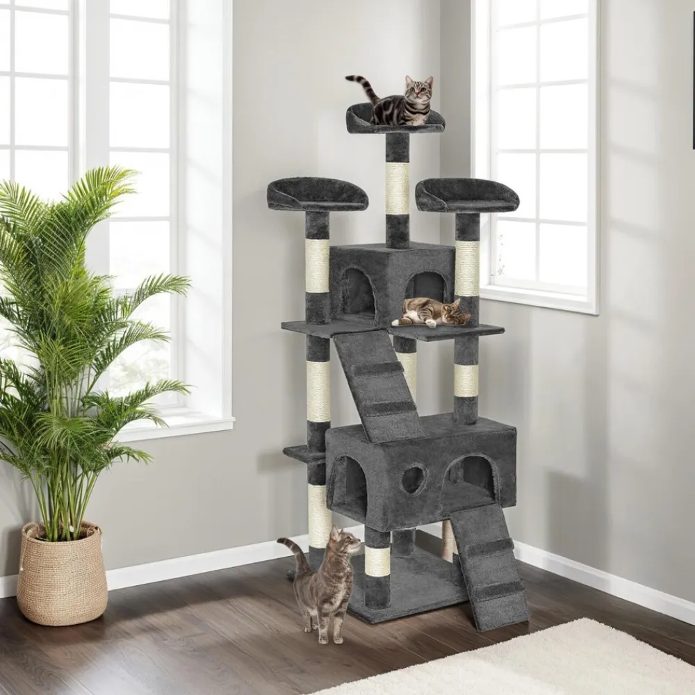 TecTake ® Kratzbaum, 170 cm, mit 2 Katzenhäusern, inklusive 2 Treppen und Kippschutz grau Clearance