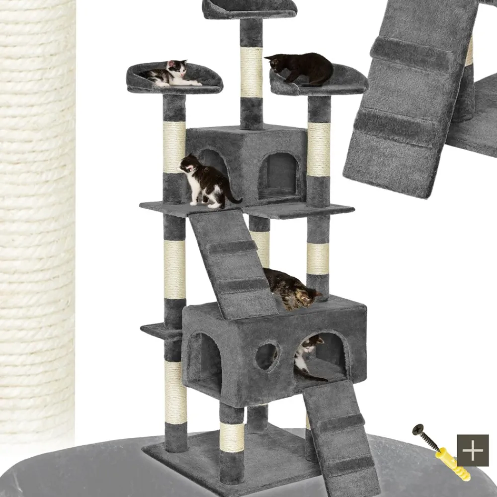 TecTake ® Kratzbaum, 170 cm, mit 2 Katzenhäusern, inklusive 2 Treppen und Kippschutz grau Clearance