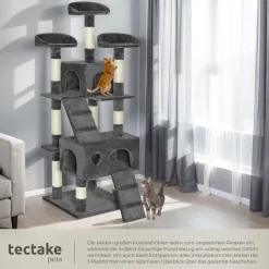 TecTake ® Kratzbaum, 170 cm, mit 2 Katzenhäusern, inklusive 2 Treppen und Kippschutz grau Clearance