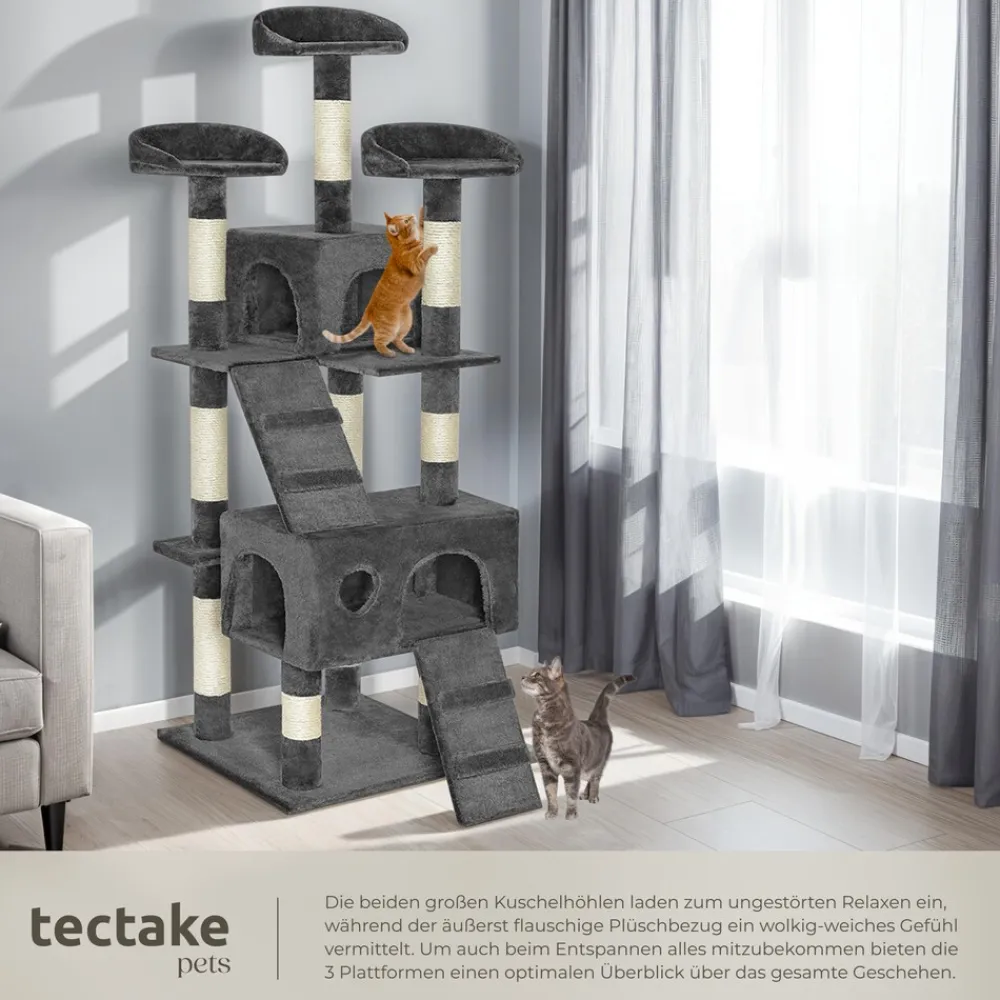 TecTake ® Kratzbaum, 170 cm, mit 2 Katzenhäusern, inklusive 2 Treppen und Kippschutz grau Clearance