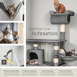 ® Kratzbaum, 141 cm, mit Katzenhaus, inklusive Spielkordel und Kippschutz ^ TecTake Best