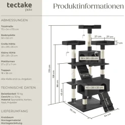 ® Kratzbaum, 170 cm, mit 2 Katzenhäusern, inklusive 2 Treppen, 4 Spielmäusen und Kippschutz ^ TecTake Best