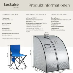 ® Mobile Dampfsauna, 2 Liter Dampfgenerator mit 1000 W, Stecksystem, mit Aufbewahrungsfach, inkl. Fernbedienung, Matte, Klappstuhl und Tragetasche ^ TecTake Outlet