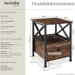 ® Nachttisch, Industrial Style, 2 Ablagen und Schublade, seitliche Streben in X-Form, 40 x 41,5 x 55,5 cm ^ TecTake New