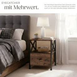 ® Nachttisch, Industrial Style, 2 Ablagen und Schublade, seitliche Streben in X-Form, 40 x 41,5 x 55,5 cm ^ TecTake New