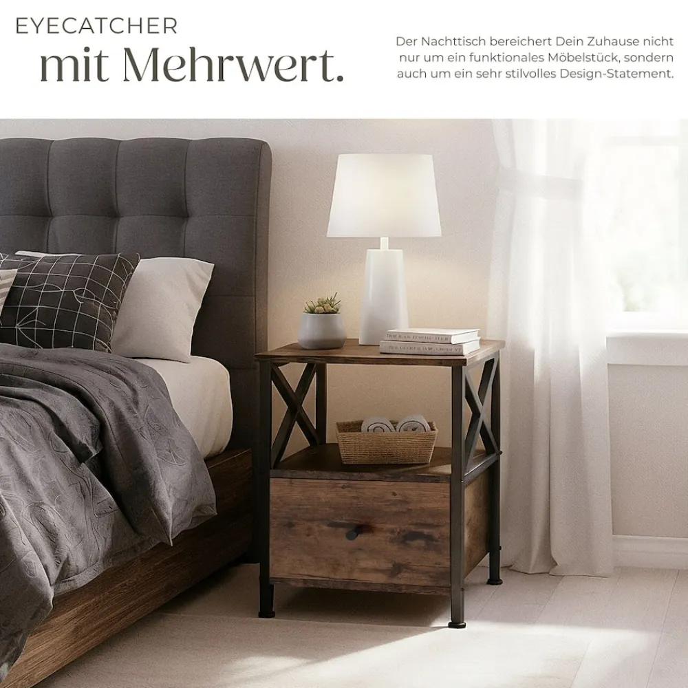 ® Nachttisch, Industrial Style, 2 Ablagen und Schublade, seitliche Streben in X-Form, 40 x 41,5 x 55,5 cm ^ TecTake New