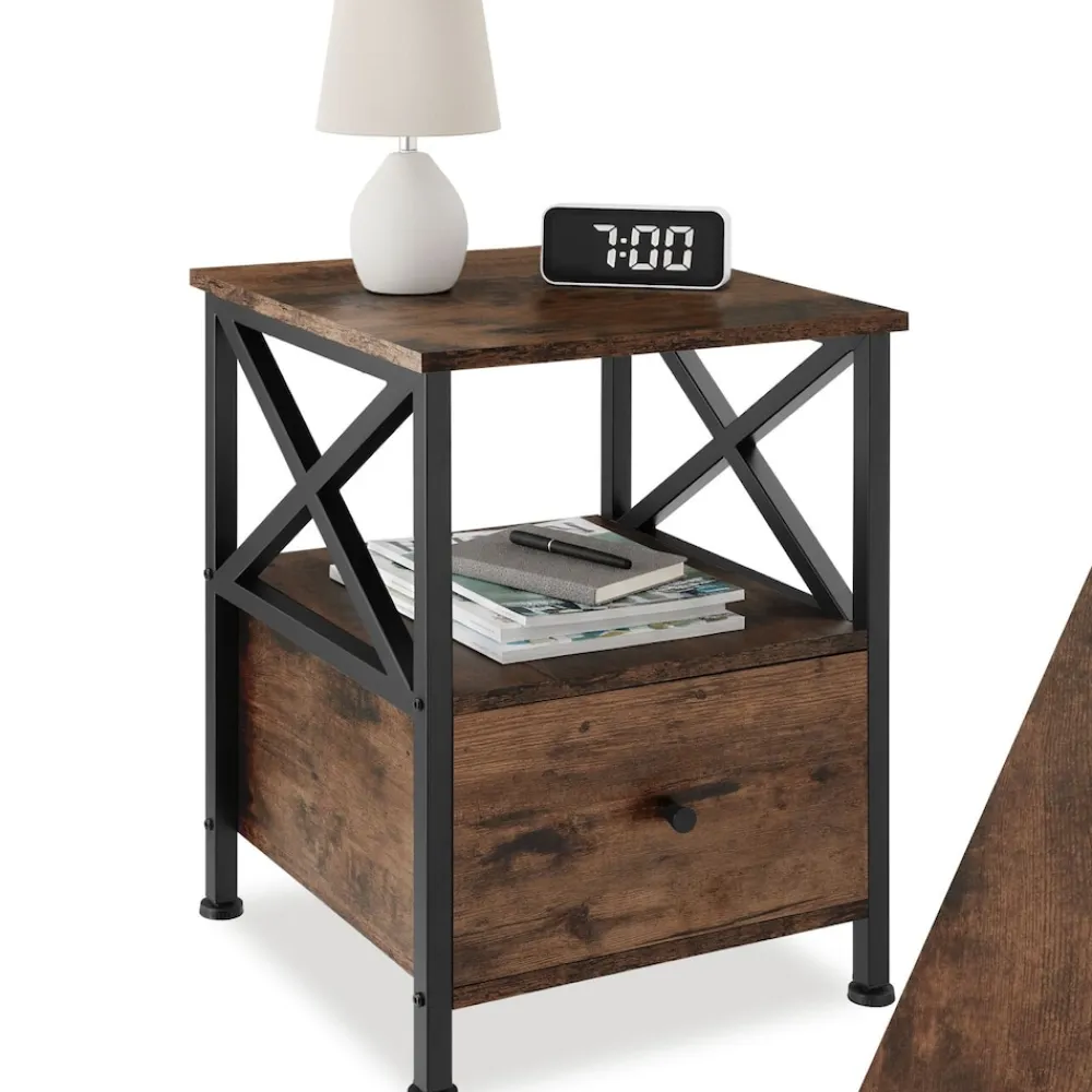 ® Nachttisch, Industrial Style, 2 Ablagen und Schublade, seitliche Streben in X-Form, 40 x 41,5 x 55,5 cm ^ TecTake New