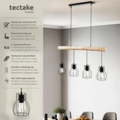 ® Pendelleuchte, 4-flammig, 4x E27, 40 W, massiver Holzbalken, Gitter-Lampenschirme, 82 x 13,5 x 140 cm ^ TecTake Outlet