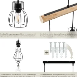 ® Pendelleuchte, 4-flammig, 4x E27, 40 W, massiver Holzbalken, Gitter-Lampenschirme, 82 x 13,5 x 140 cm ^ TecTake Outlet