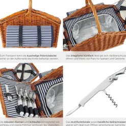 TecTake ® Picknickkorb, für 4 Personen, mit Picknickdecke, geflochtene Weide, mit Drehverschluss und Tragegriff, inkl. 20-teiliges Geschirrset, Kellnermesser und Gewürzstreuer New
