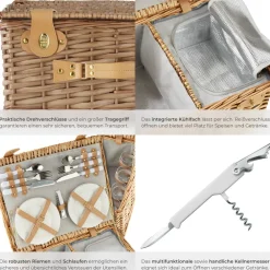 TecTake ® Picknickkorb, für 4 Personen, geflochtene Weide, mit Drehverschlüssen und Tragegriff, inkl. 20-teiliges Geschirrset und Kellnermesser Clearance