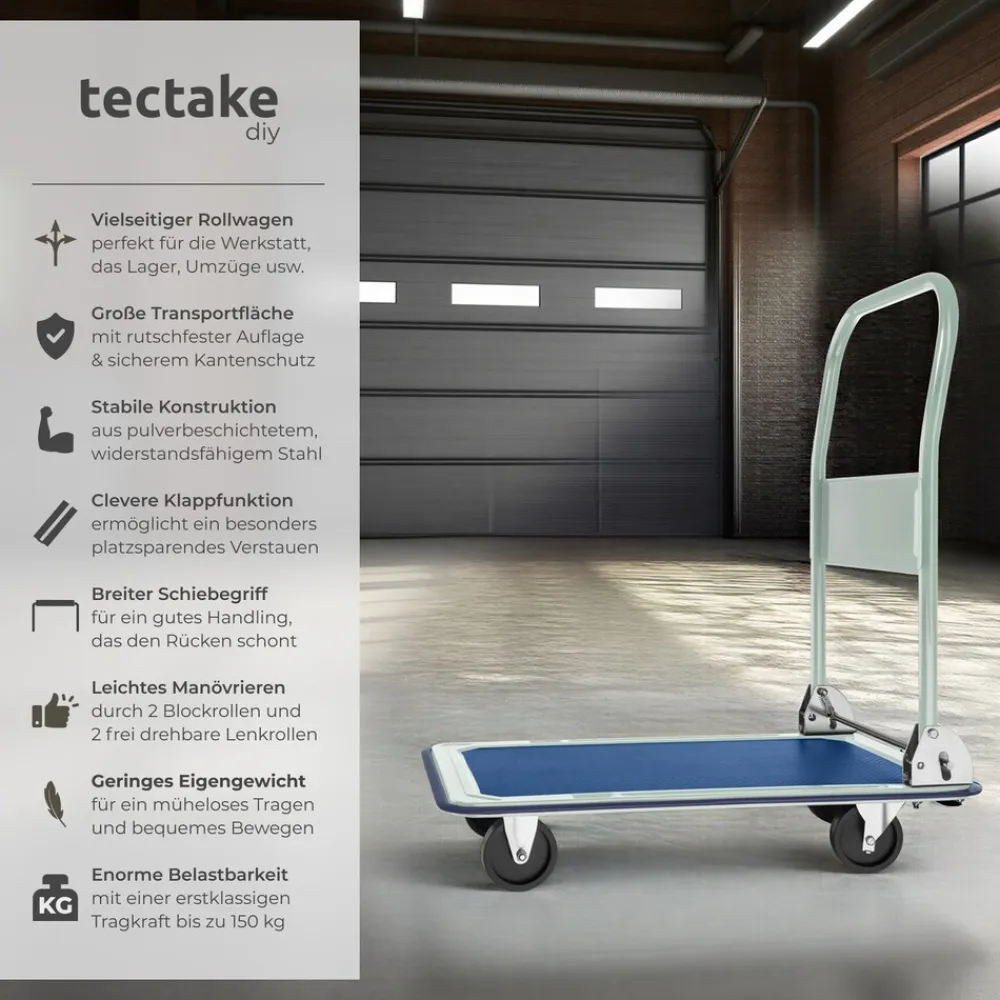 ® Plattformwagen, klappbarer Handgriff, rutschfeste Auflage und gummierter Kantenschutz, Ladefläche 73 x 47 cm ^ TecTake Discount