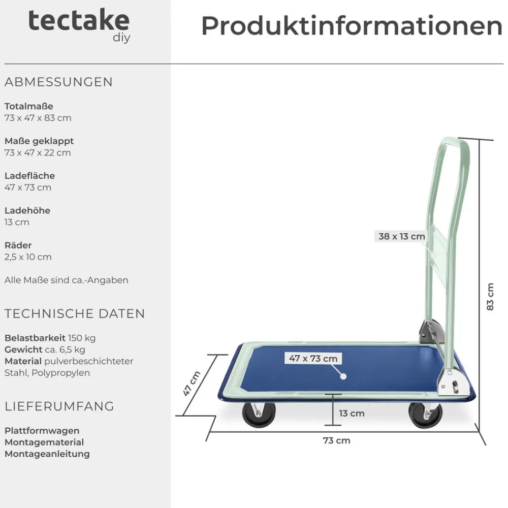 ® Plattformwagen, klappbarer Handgriff, rutschfeste Auflage und gummierter Kantenschutz, Ladefläche 73 x 47 cm ^ TecTake Discount