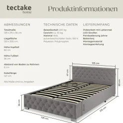 ® Polsterbett, in Samtoptik mit Steppmuster, inklusive hochklappbarem Lattenrost, großer Stauraum ^ TecTake Hot
