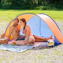 ® Pop-Up Strandmuschel, selbstaufbauend mit Fiberglasgestänge, 2 Ablagefächer, 220 x 120 x 100 cm ^ TecTake