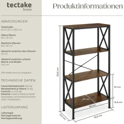 ® Regal, Industrial Style, 4 Ebenen mit seitlichen X-Streben, inklusive Kippschutz, 61,5 x 31,5 x 133,5 cm ^ TecTake Clearance